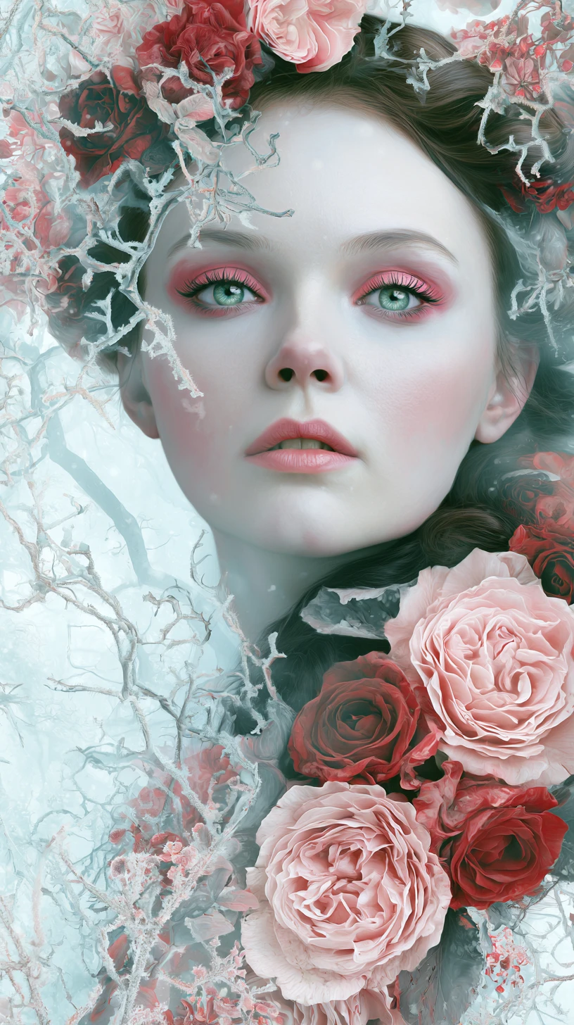 Retrato etéreo de mulher com rosas em um cenário onírico e gelado