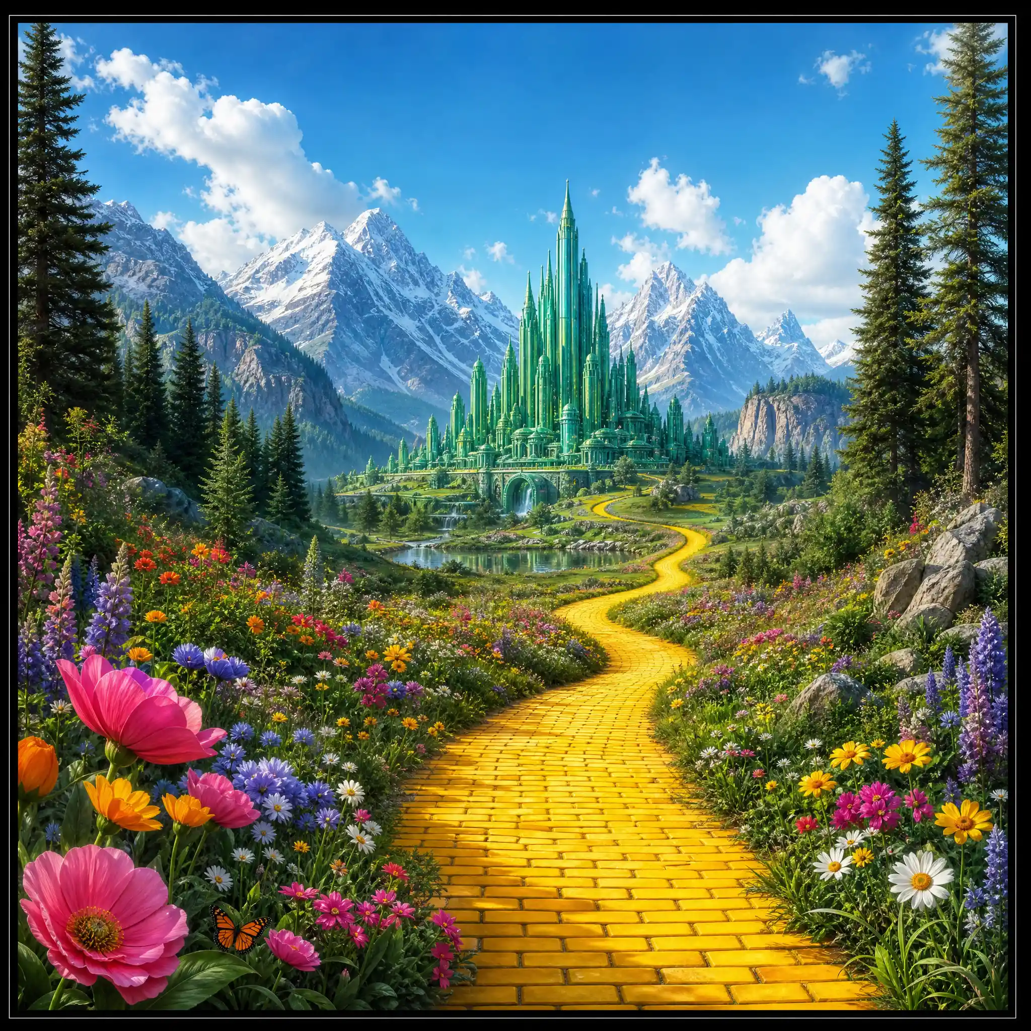 Prato fantasy con strada di mattoni gialli verso una città lontana