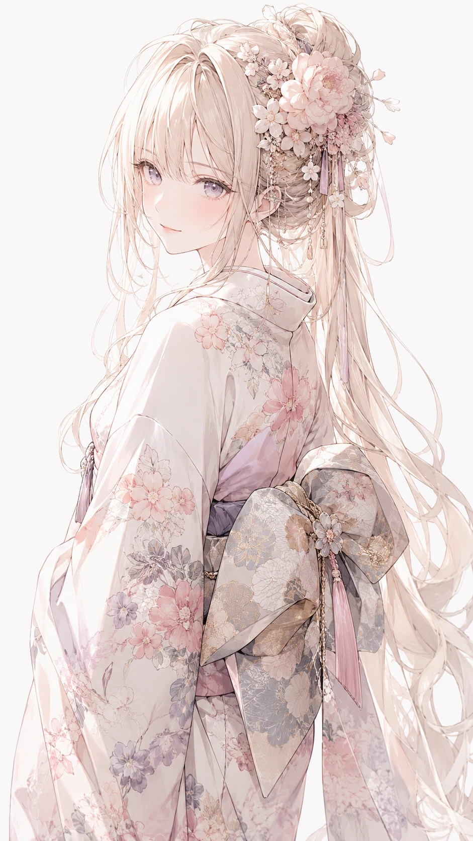 身穿花紋和服的動漫少女溫柔回眸