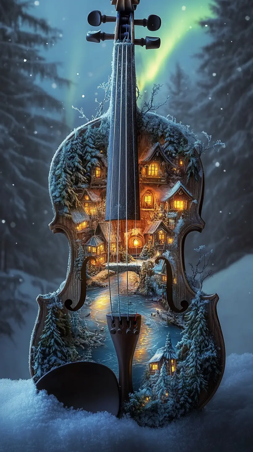 Violino logoro che rivela una foresta innevata sotto cieli d’aurora