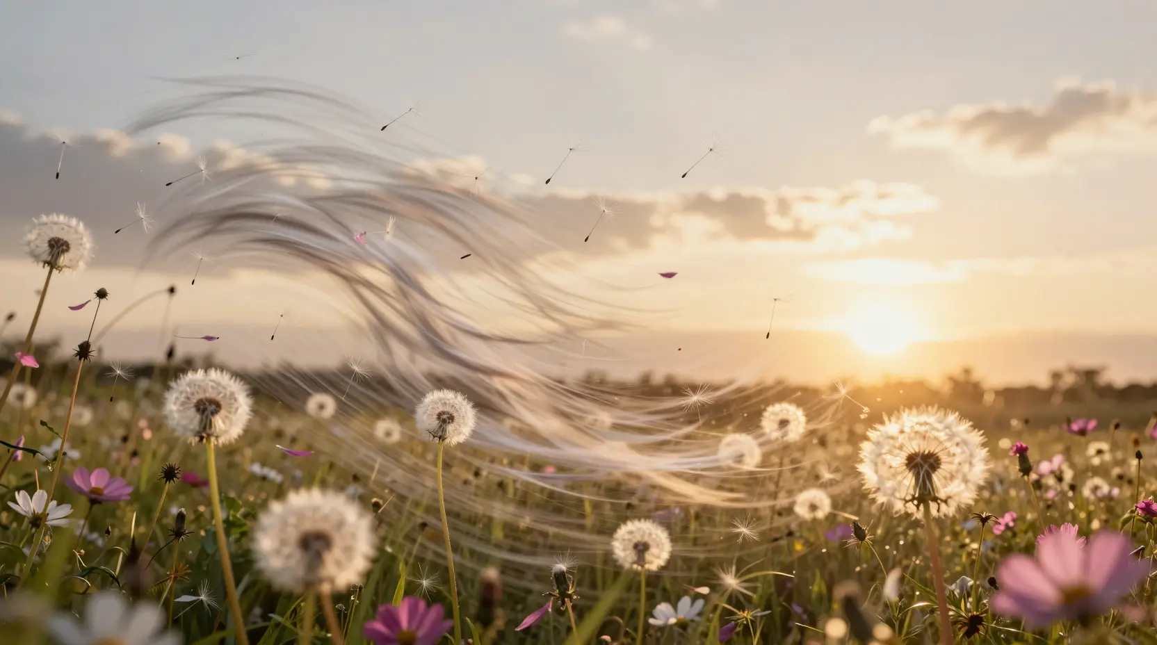 Graines de pissenlit emportées par le vent au‑dessus d’un pré fleuri lumineux