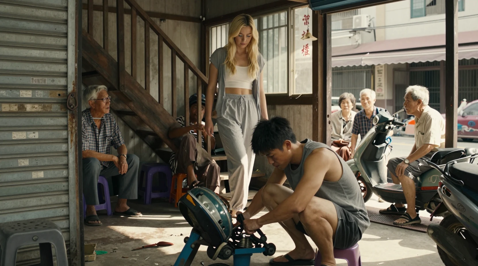 Jovem mecânico reparando uma scooter em uma oficina banhada pelo sol