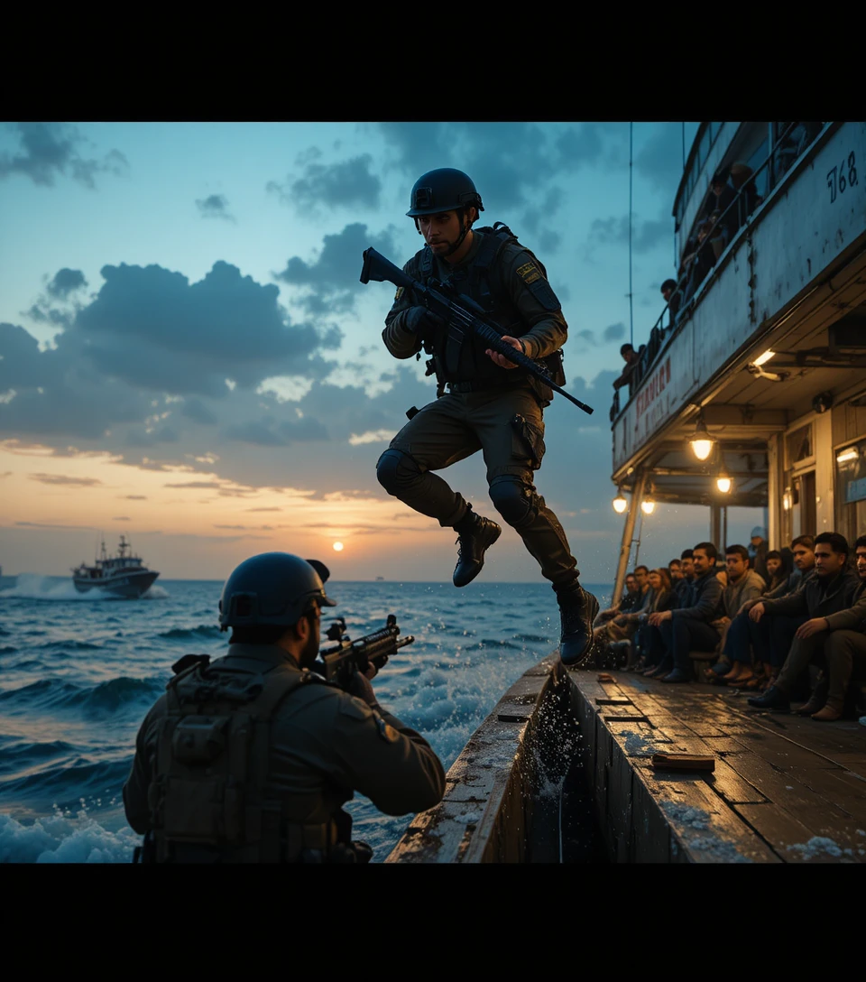Soldado paquistanês patrulhando barco costeiro em pôr do sol dramático