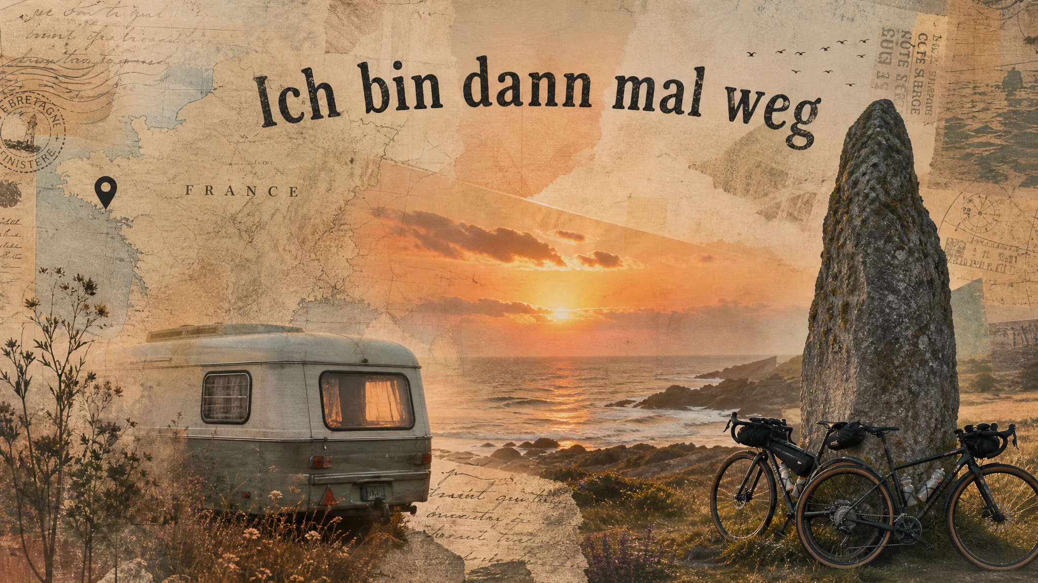 Surreale Fotocollage mit Karte und Küstenwohnwagen