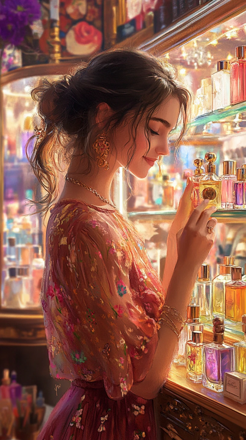 Femme joyeuse choisissant un parfum dans une scène de studio romantique