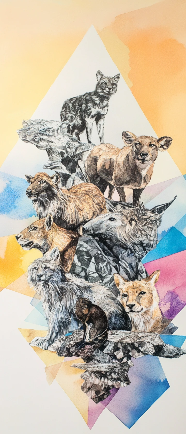 Collage de fauna en tinta china sobre fondo geométrico abstracto