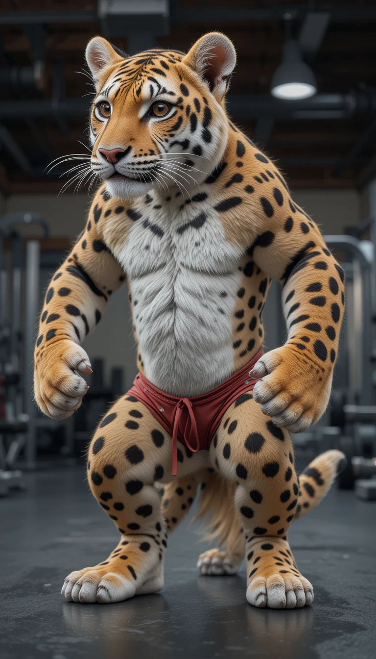 Pantera fofa em estilo cartoon treinando em uma academia moderna