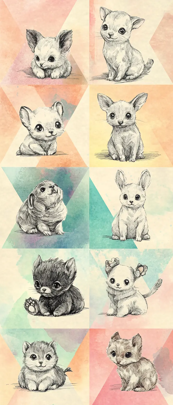 Ink wash collage of cute animals on geometric background