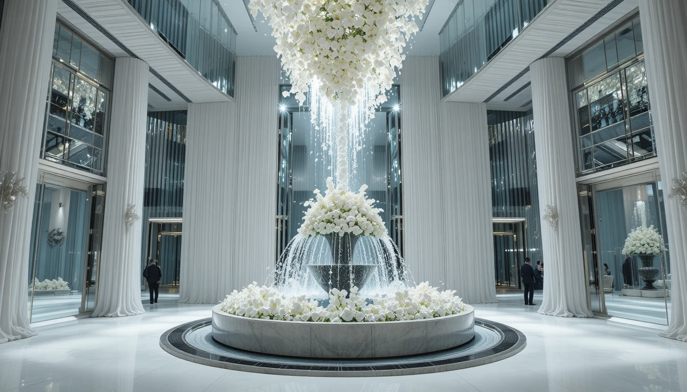 Prächtiges verspiegeltes Hochzeitsfoyer mit zentralem Blumenbrunnen