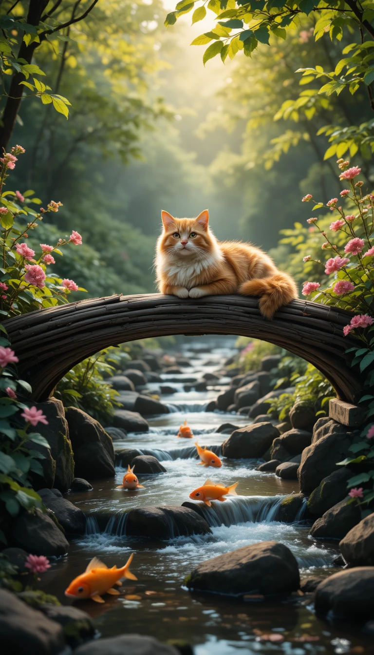 Gato ruivo descansando em uma ponte de madeira no jardim