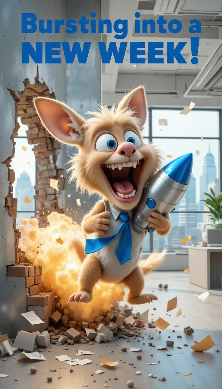 Frantic furry creature riding a rocket through office wall