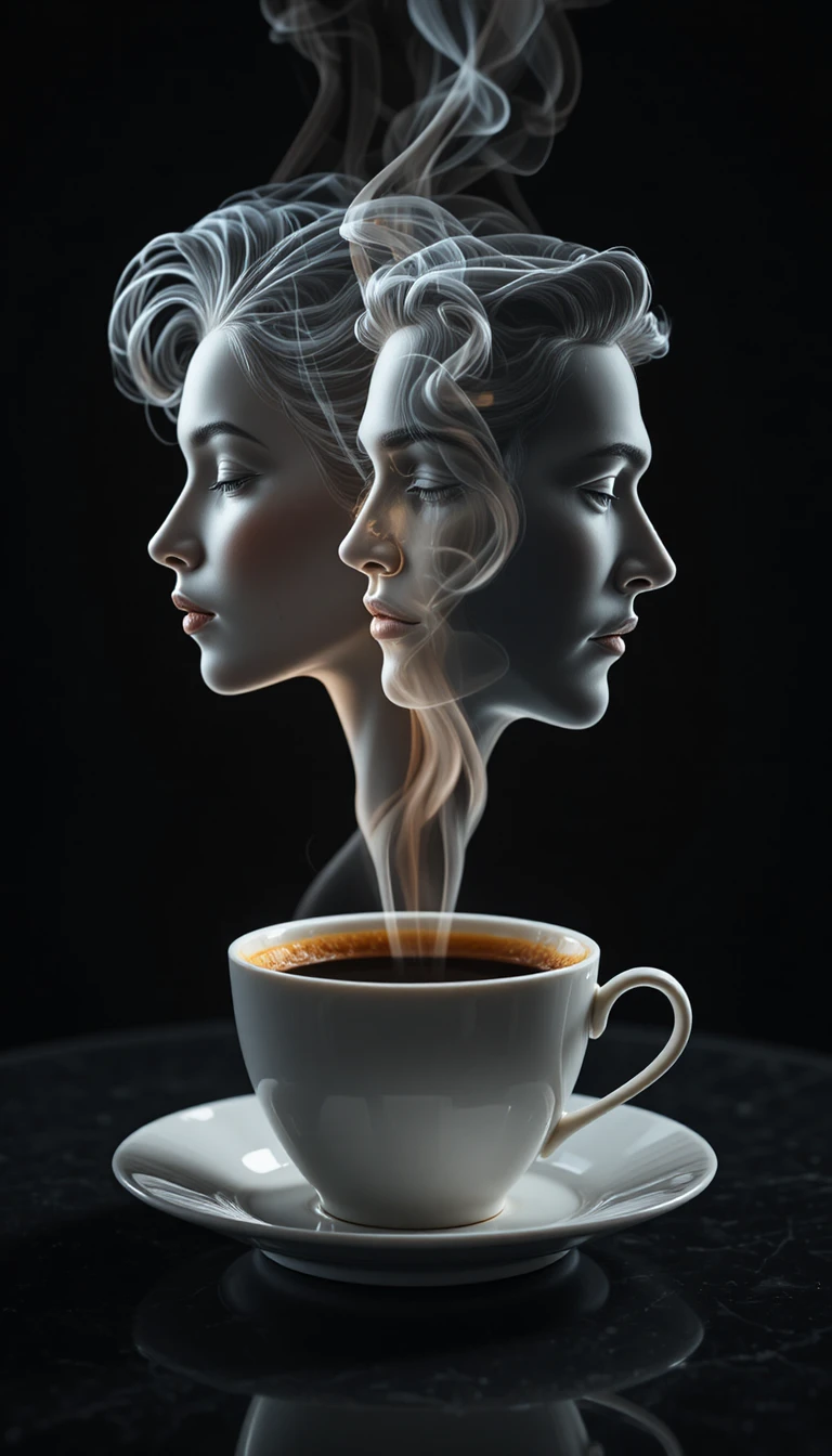 Visages romantiques de vapeur s’élevant d’une tasse à café en porcelaine