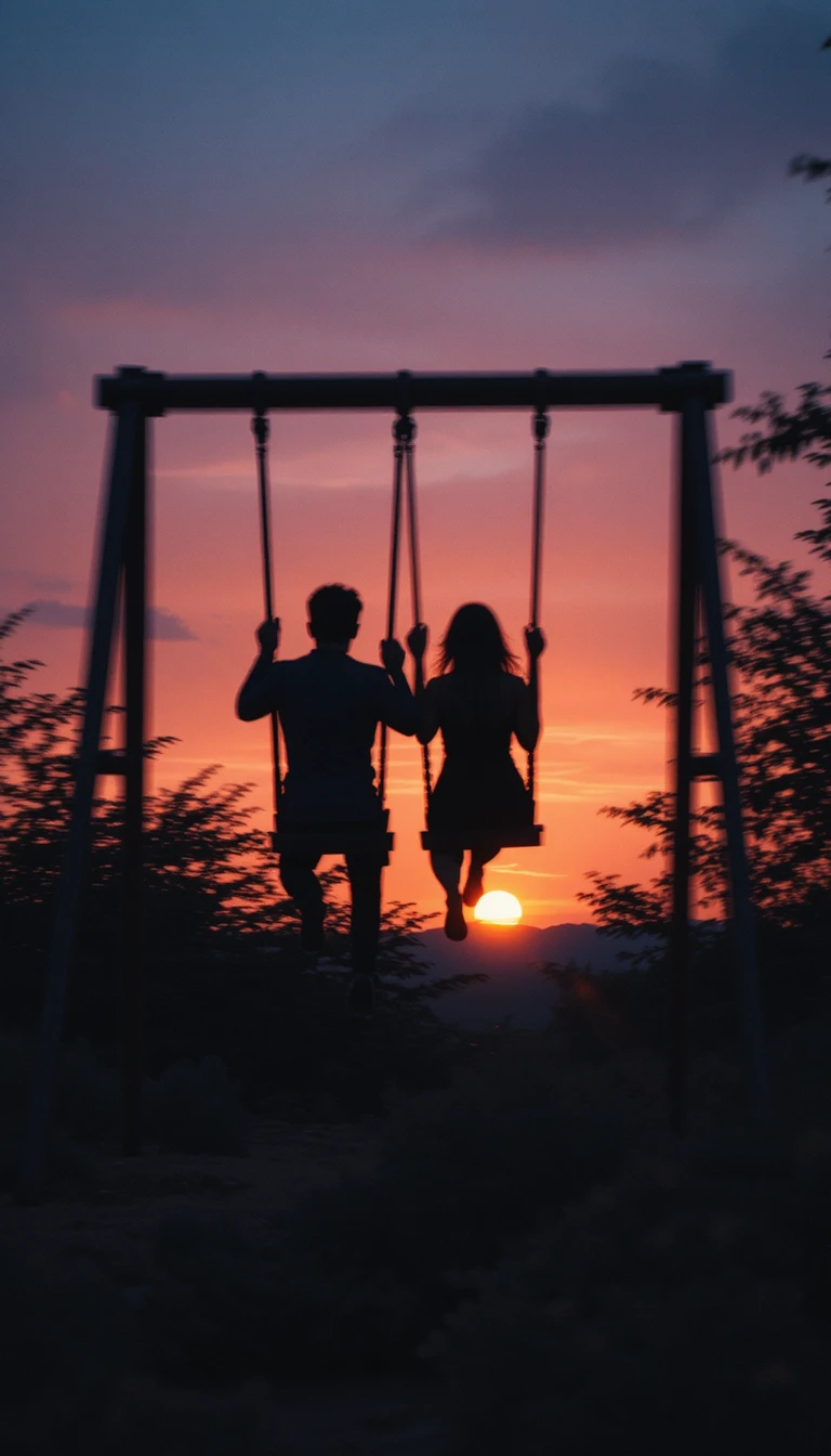 Casal em silhueta em balanços contra o céu iluminado pelo pôr do sol