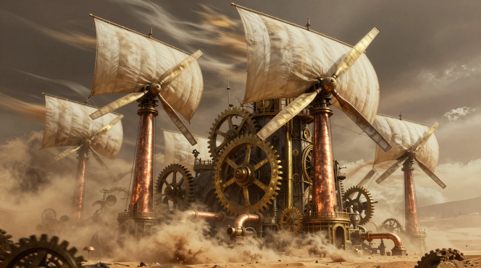Colossal cidade fantástica steampunk movida a vento em tempestade de deserto