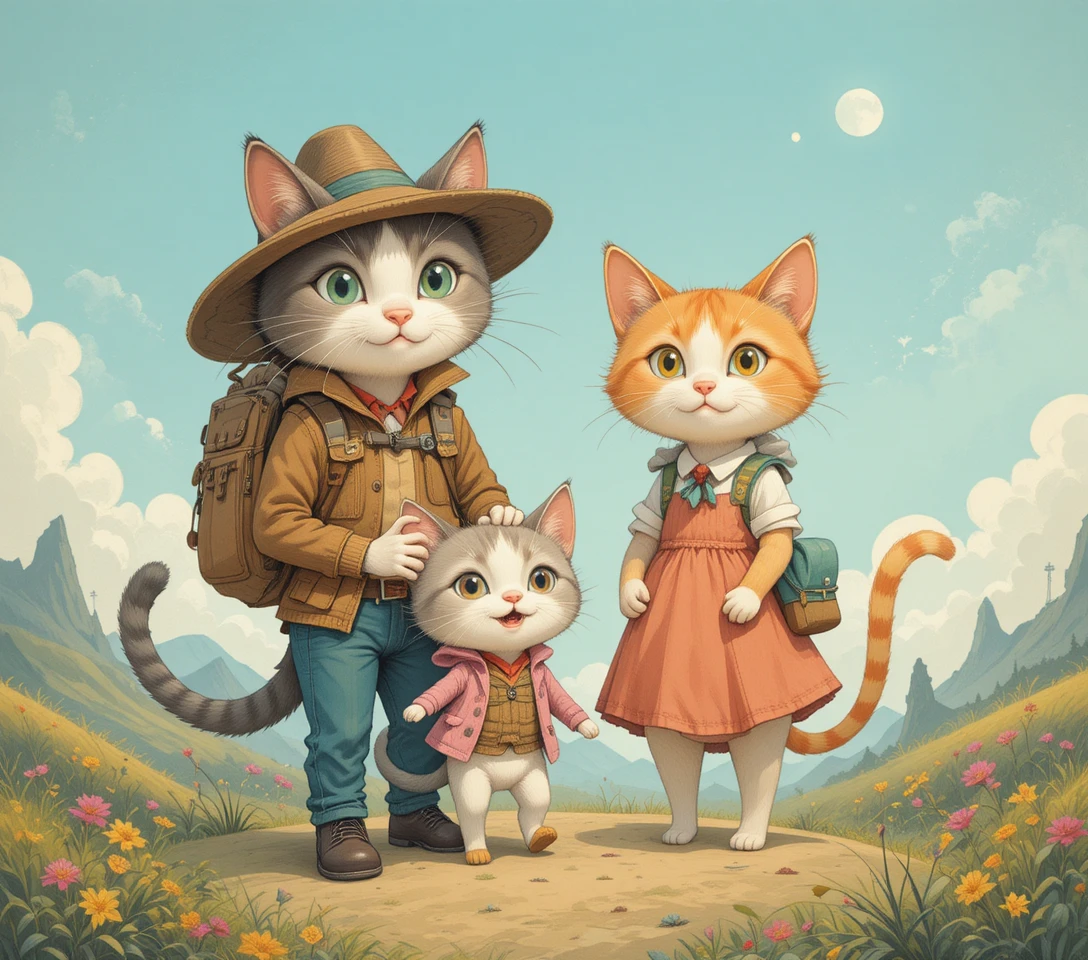 Família de Gatos Brincalhona Partindo em uma Jornada Compartilhada