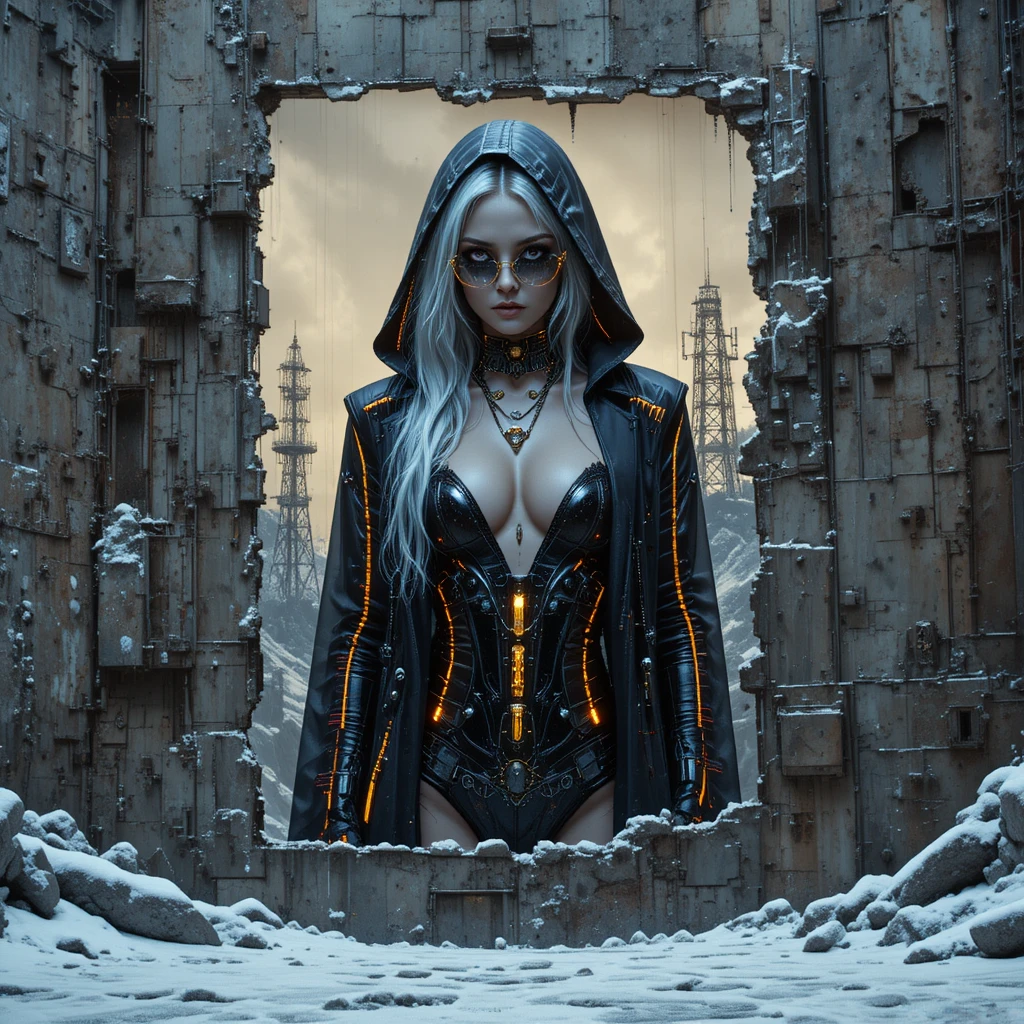 Cyberpunk-Frauenposter an einer korrodierten Tiefraumstationswand