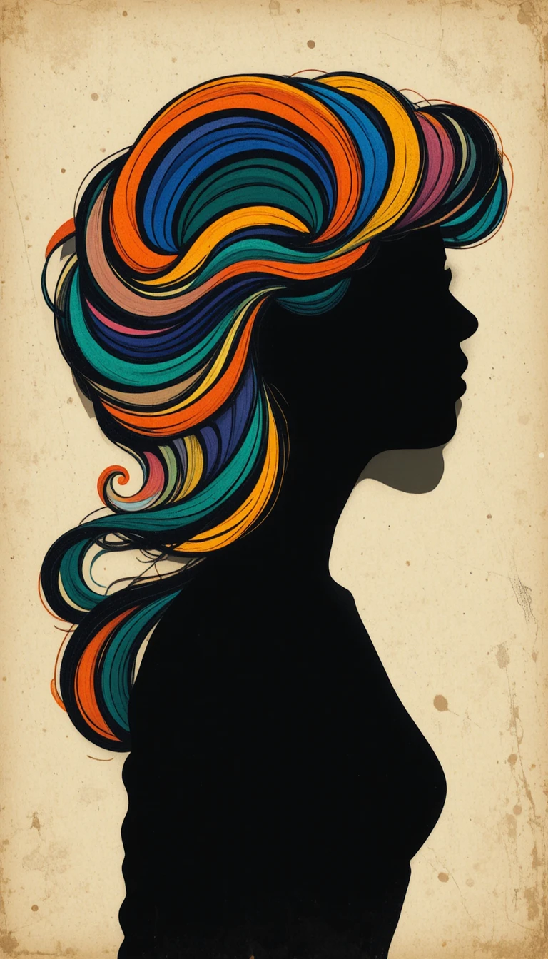 Silhouette psichedelica di donna con fluente chioma arcobaleno