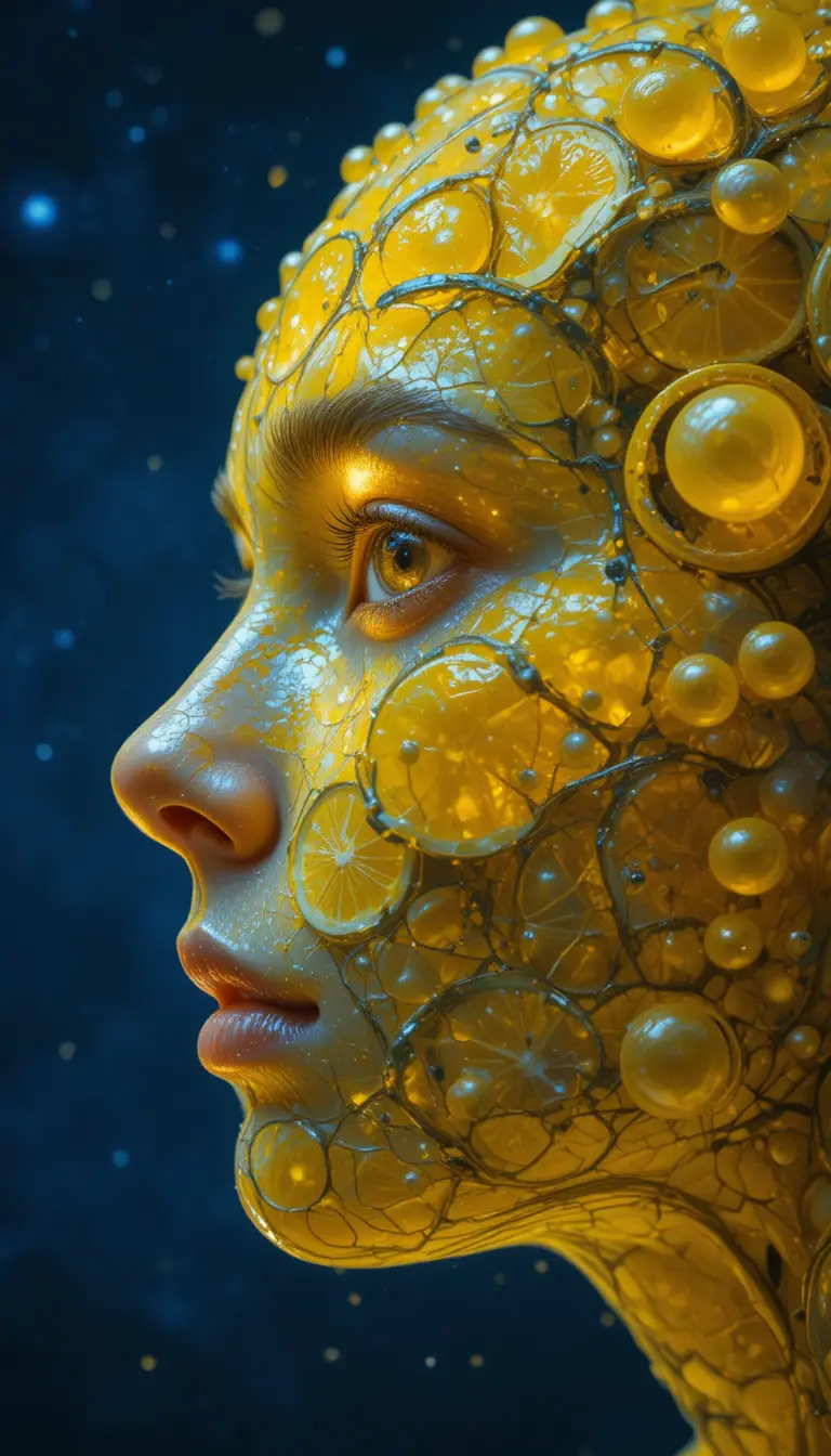 Surreal citrus face emerging from a deep cosmic void