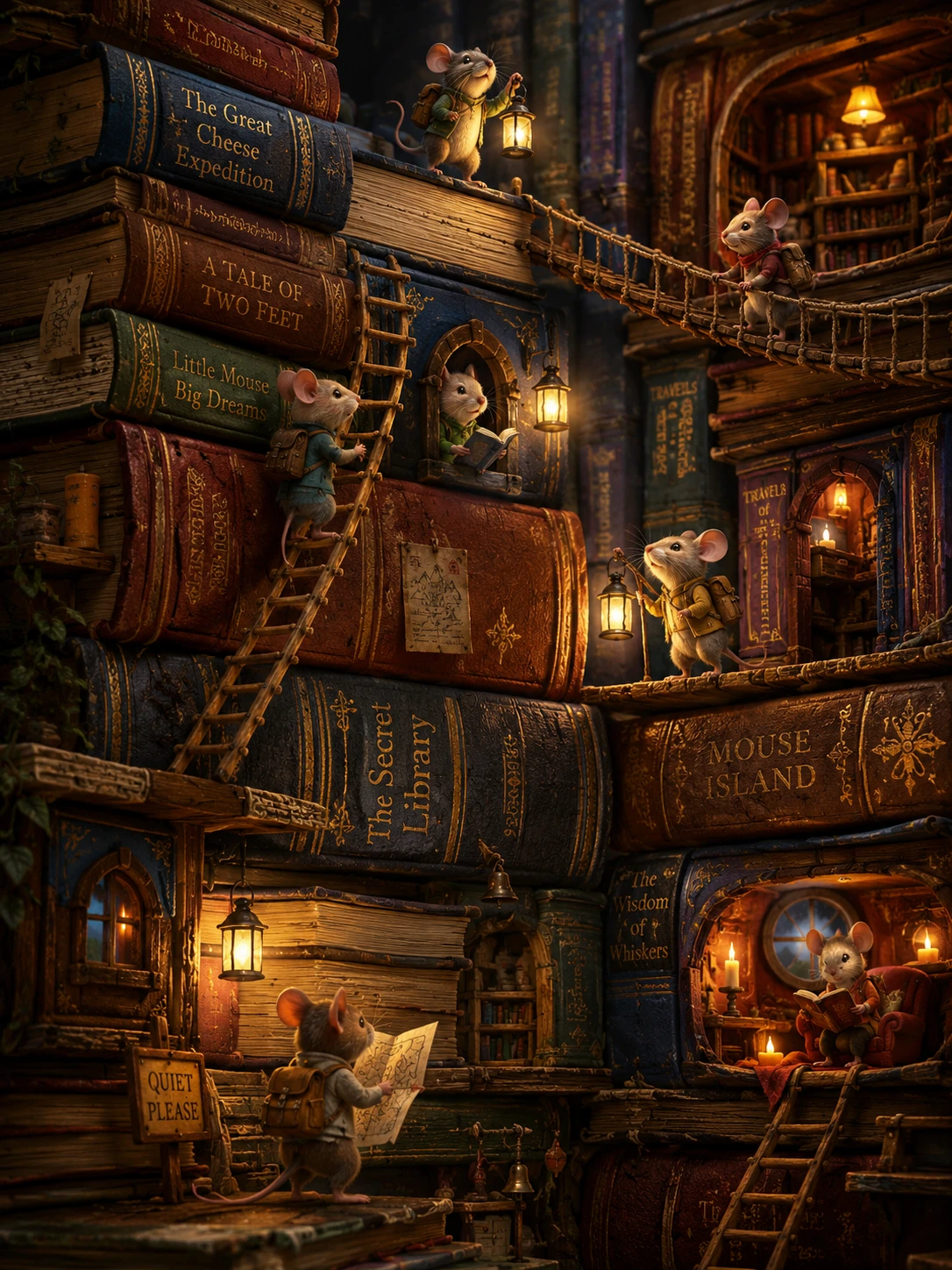 Ratinhos explorando enormes pilhas de livros em uma biblioteca