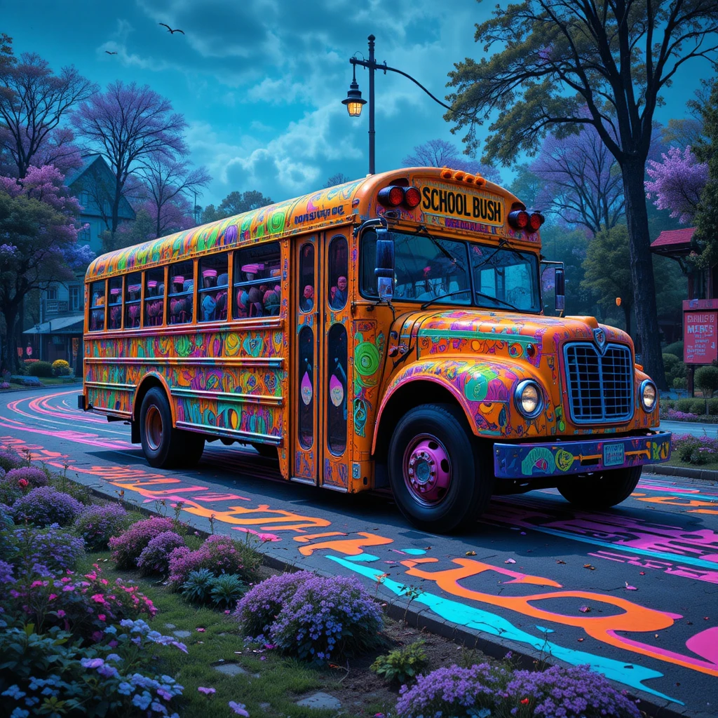 Ônibus escolar psicodélico e brilhante em cores pastel fluorescentes