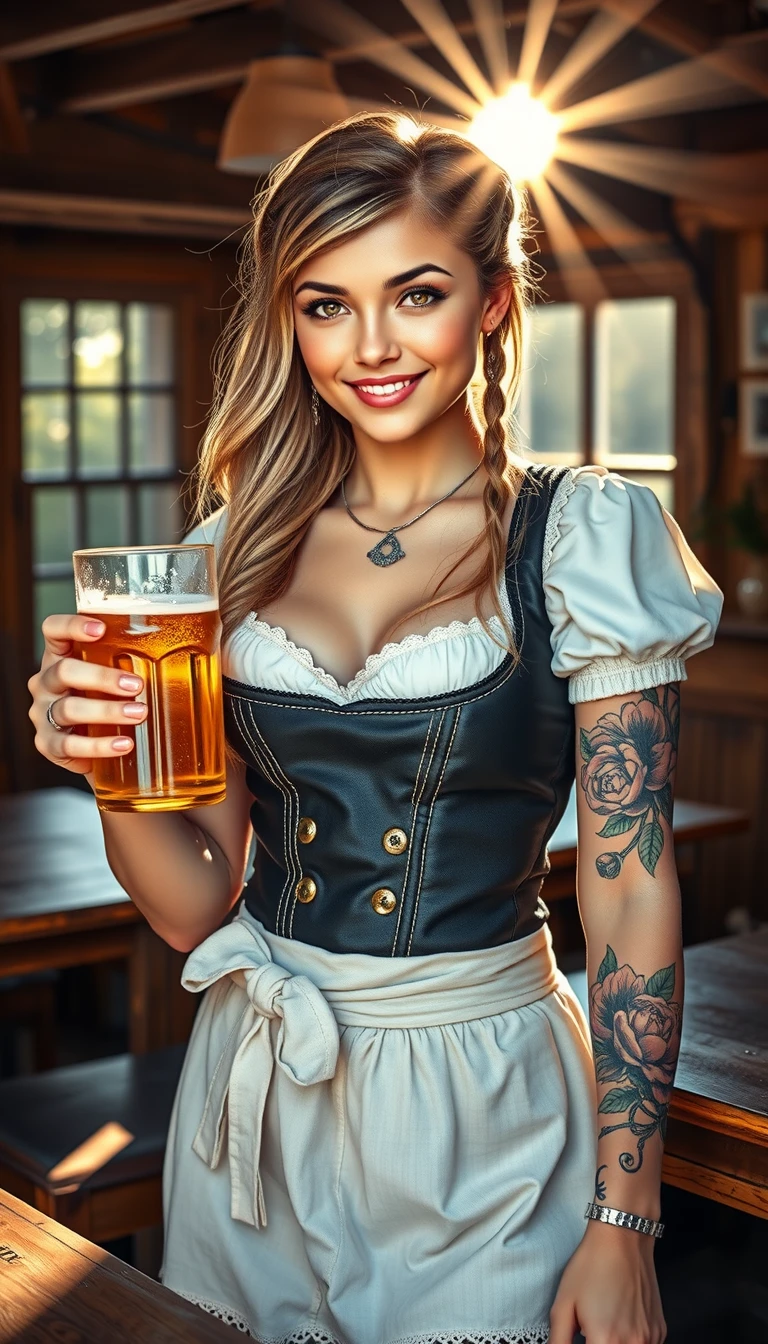 Femme blonde en dirndl très décolleté posant dans une taverne bavaroise