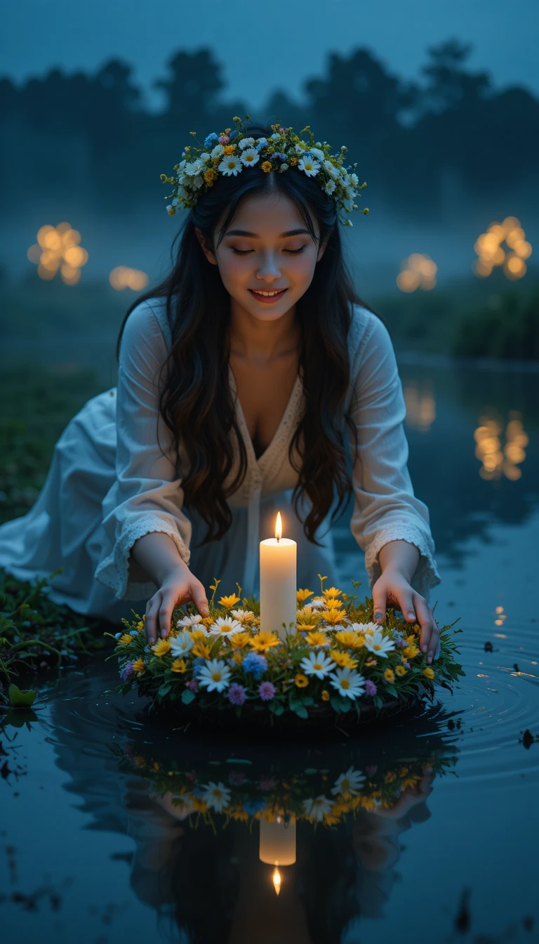 Giovane donna sull’acqua illuminata da candele in una notte da sogno