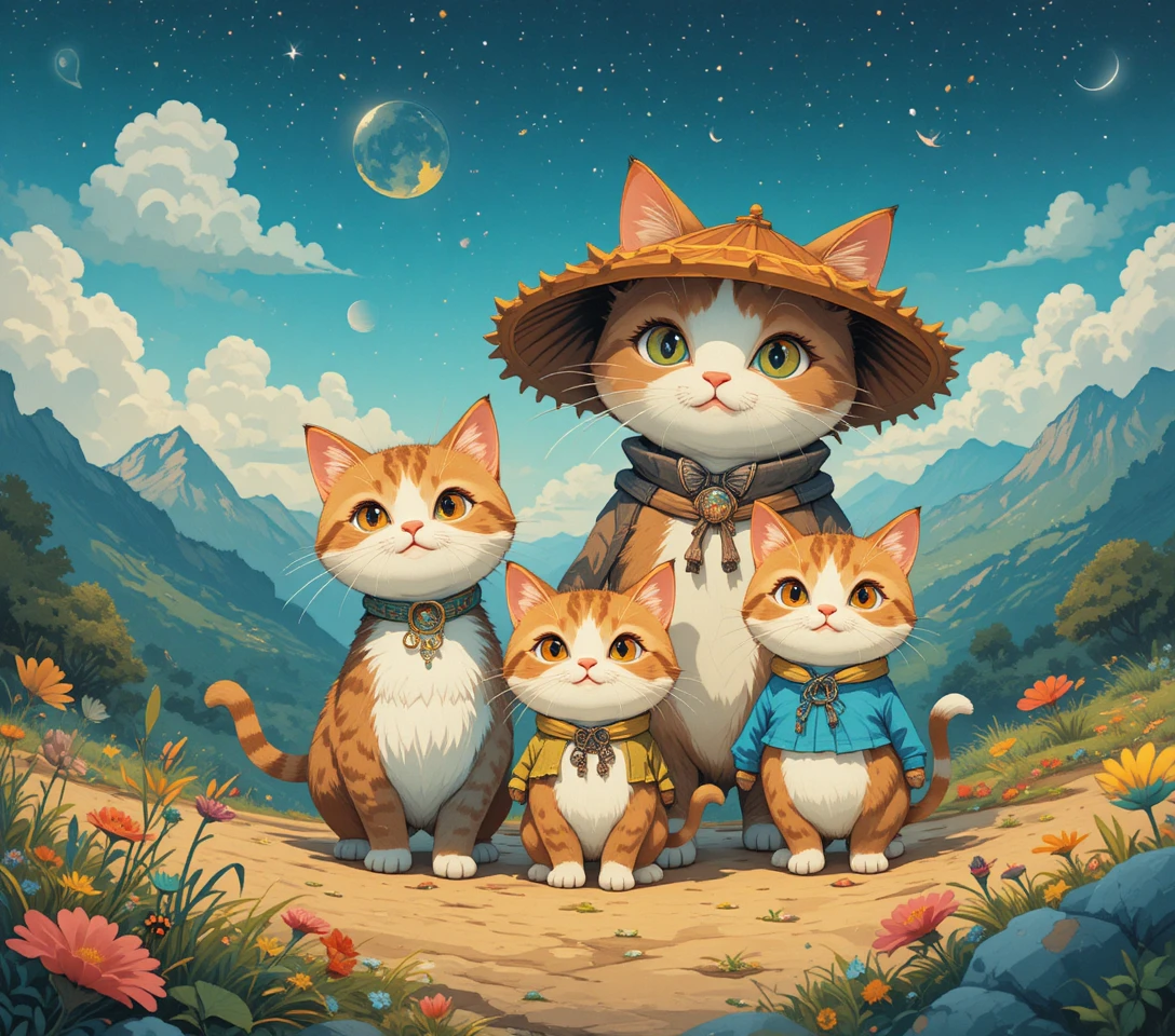 Verspielte Katzenfamilie auf einer fantasievollen Reise