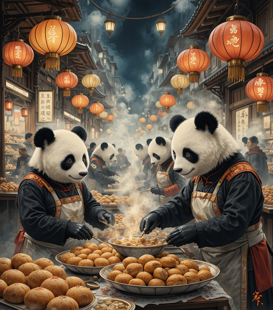 Pandas Assando Doces em um Mercado Noturno Asiático Iluminado por Lanternas