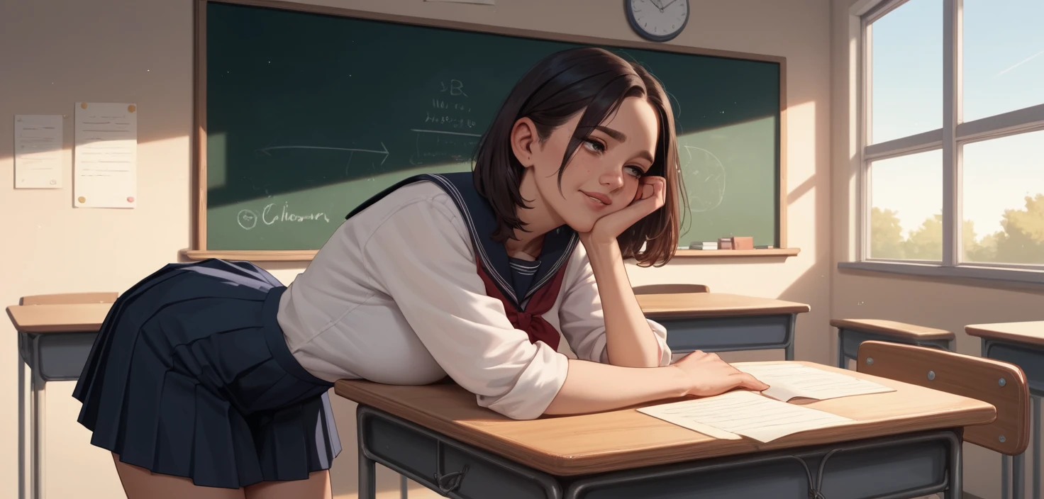 教室で先生の机に座る女子生徒 正面ビュー