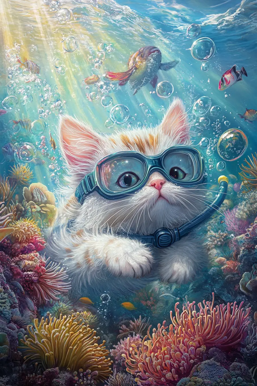 在繽紛海洋生物中游泳的俏皮浮潛貓咪