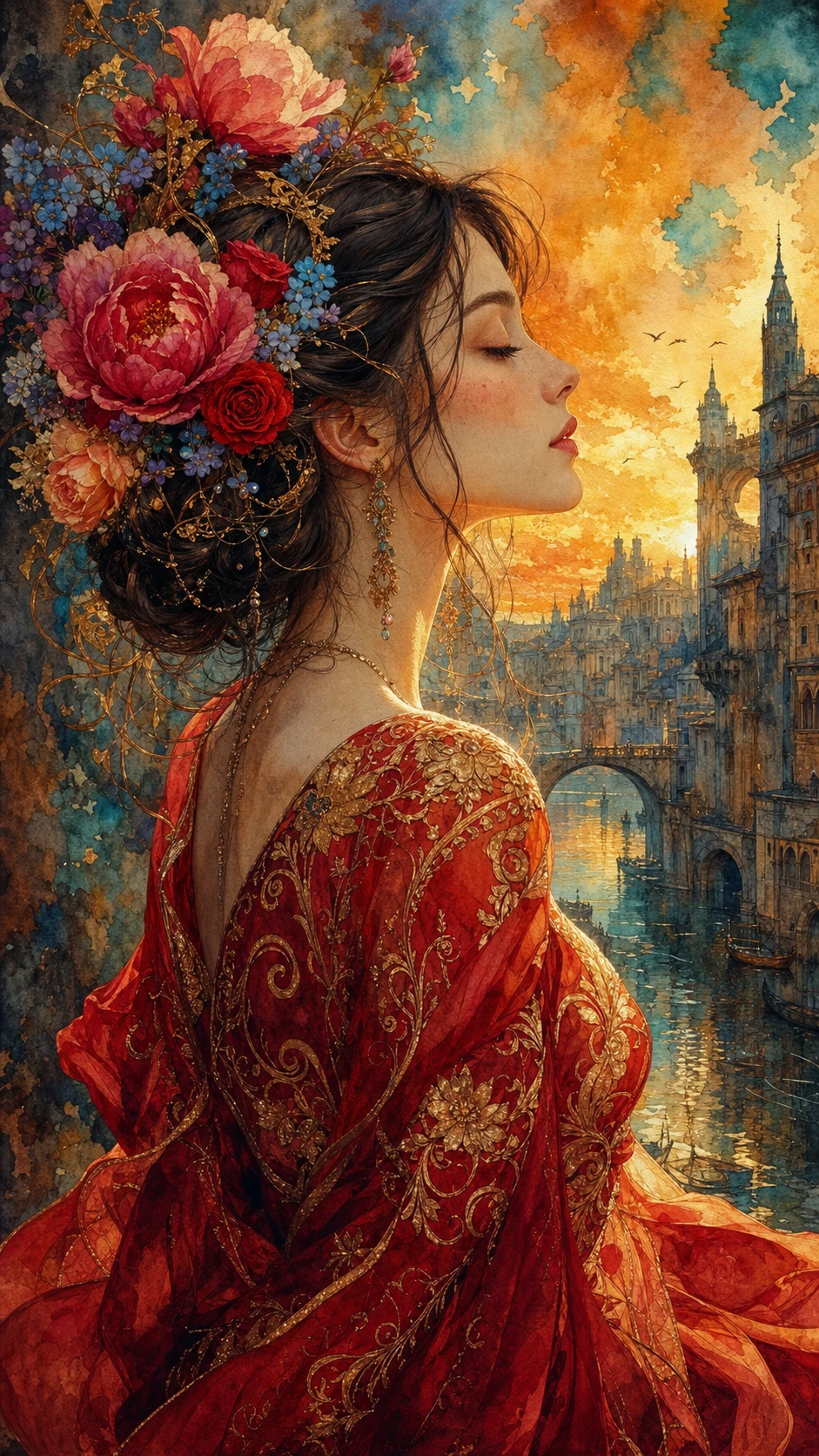 Aquarell-Porträt im Profil einer gelassenen Frau im roten Kleid