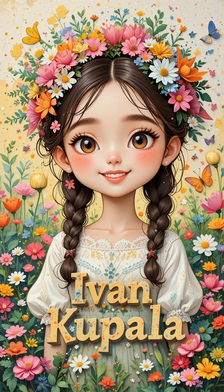 Jeune fille joyeuse avec couronne de fleurs pour carte postale d’Ivan Koupala