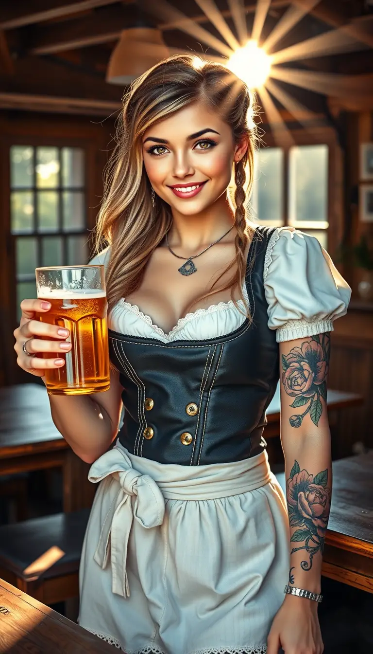 Blonde woman in revealing dirndl posing in Bavarian tavern