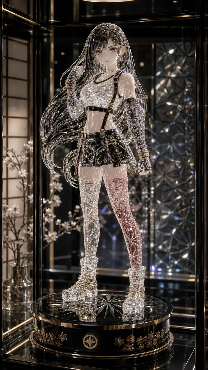 Figure féminine en verre Edo Kiriko dans une vitrine noire