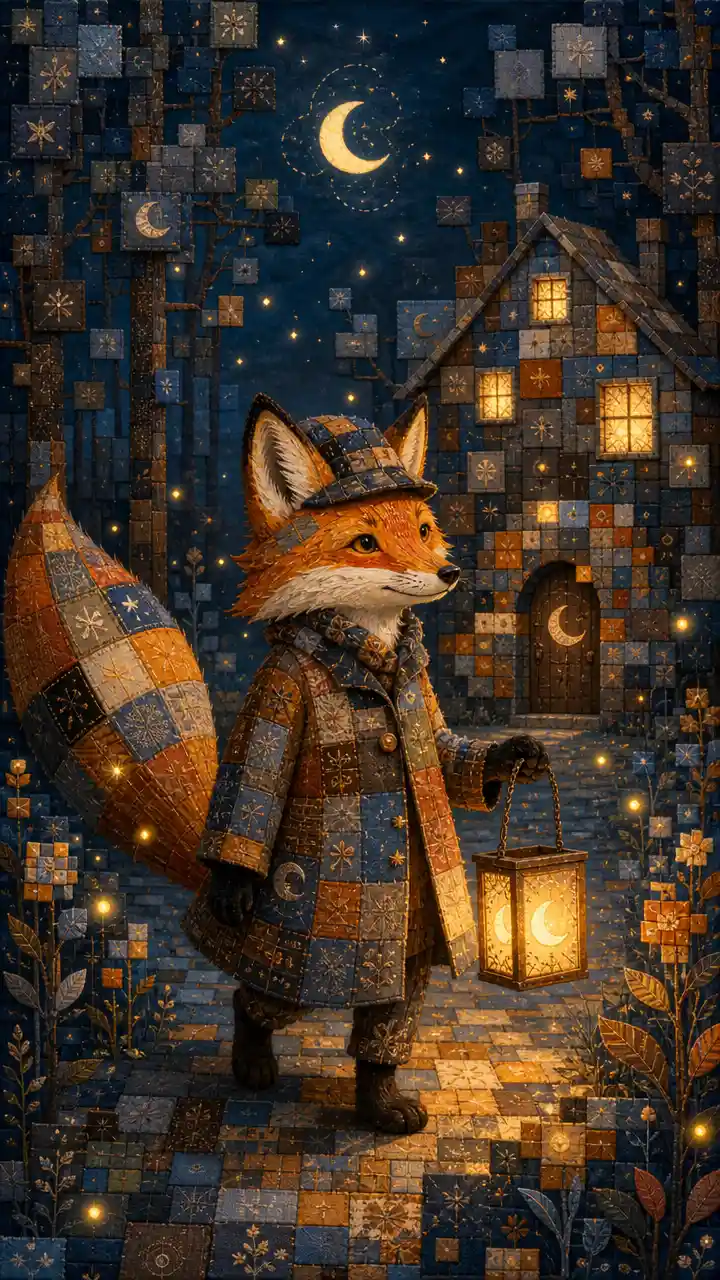 Graceful Patchwork Fox With Lantern In Enchanted Night Forest