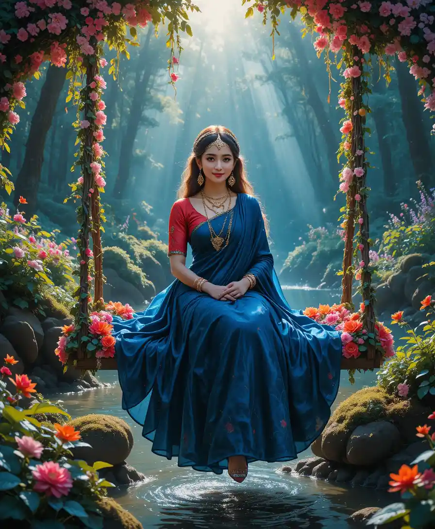 Radha auf einer Blumen-Schaukel an einem friedlichen Waldfluss