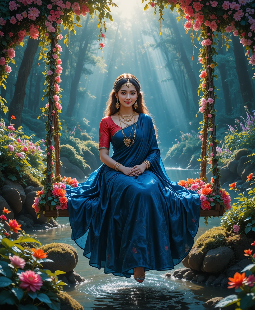 Radha auf einer Blumen-Schaukel an einem friedlichen Waldfluss