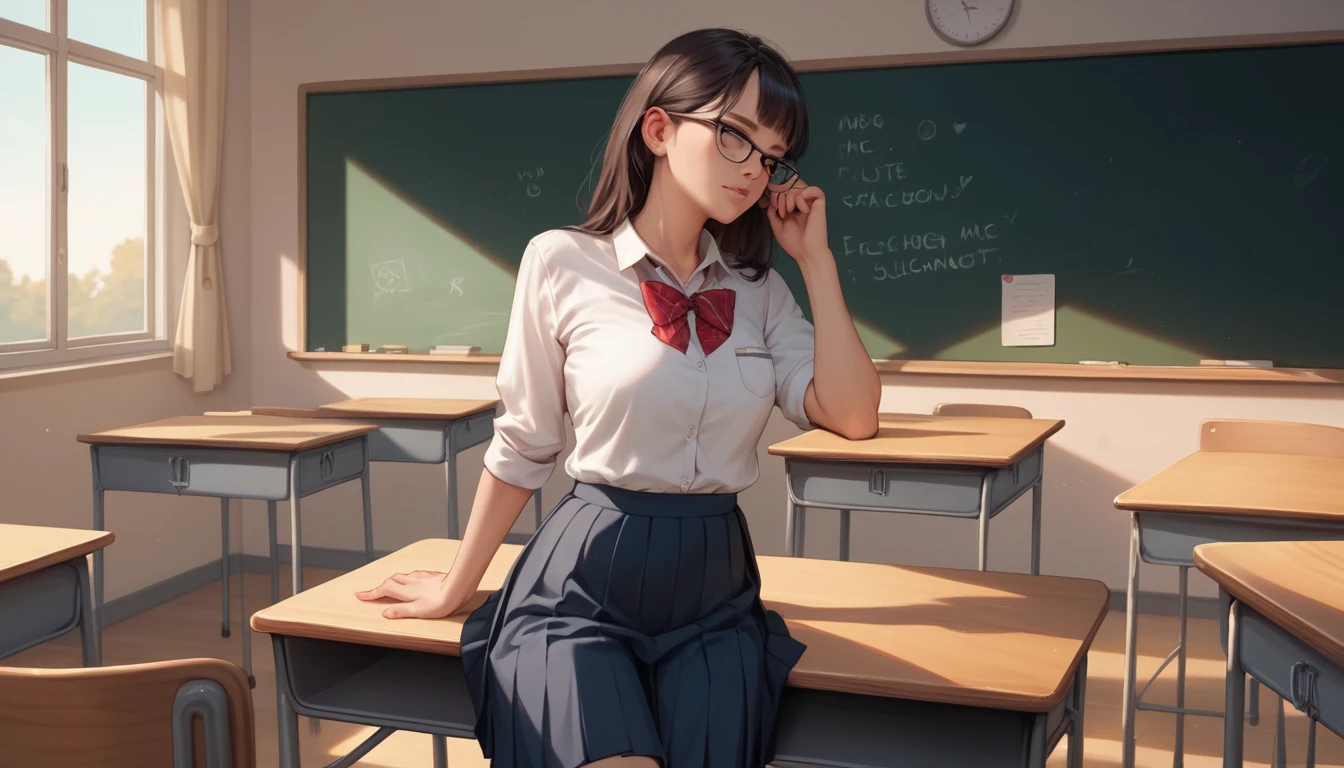 Young schoolgirl sitting on a teachers desk in class