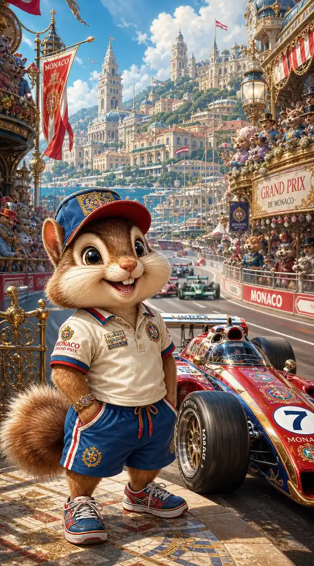 Happy chipmunk athlete at a Monaco car race