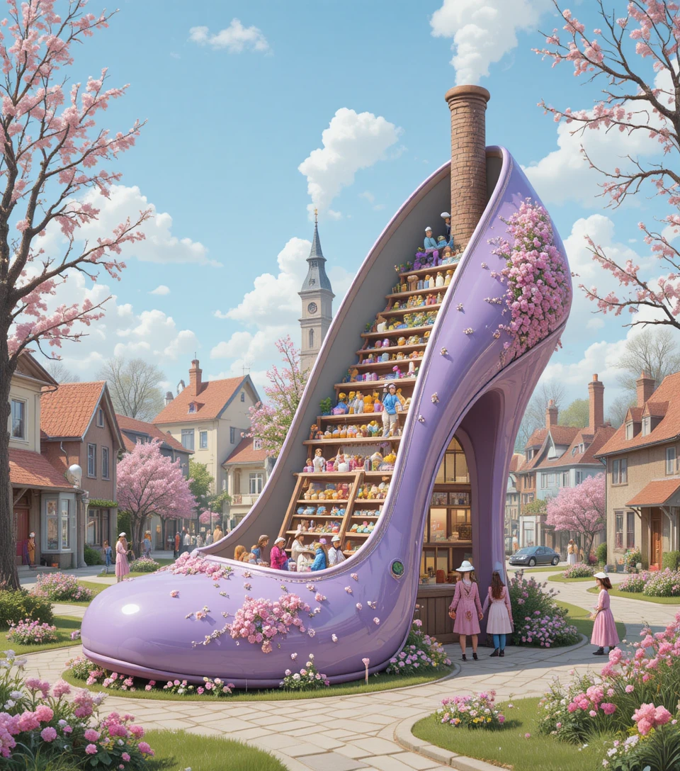 Padaria de salto alto fantasiosa em uma tranquila cidade de primavera