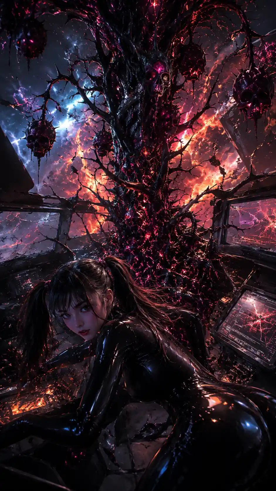 Sci fi heroine clinging to controls in burning spaceship