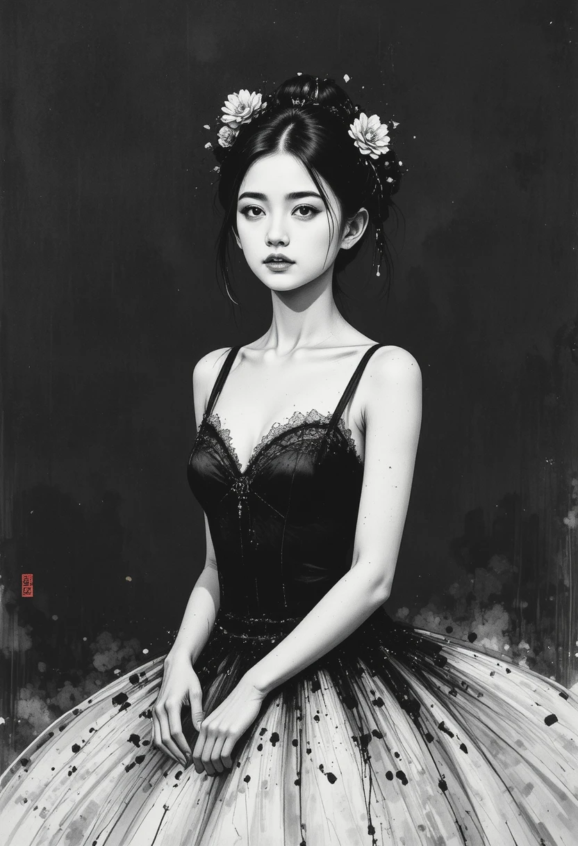 穿著舞裙女子的單色墨水肖像