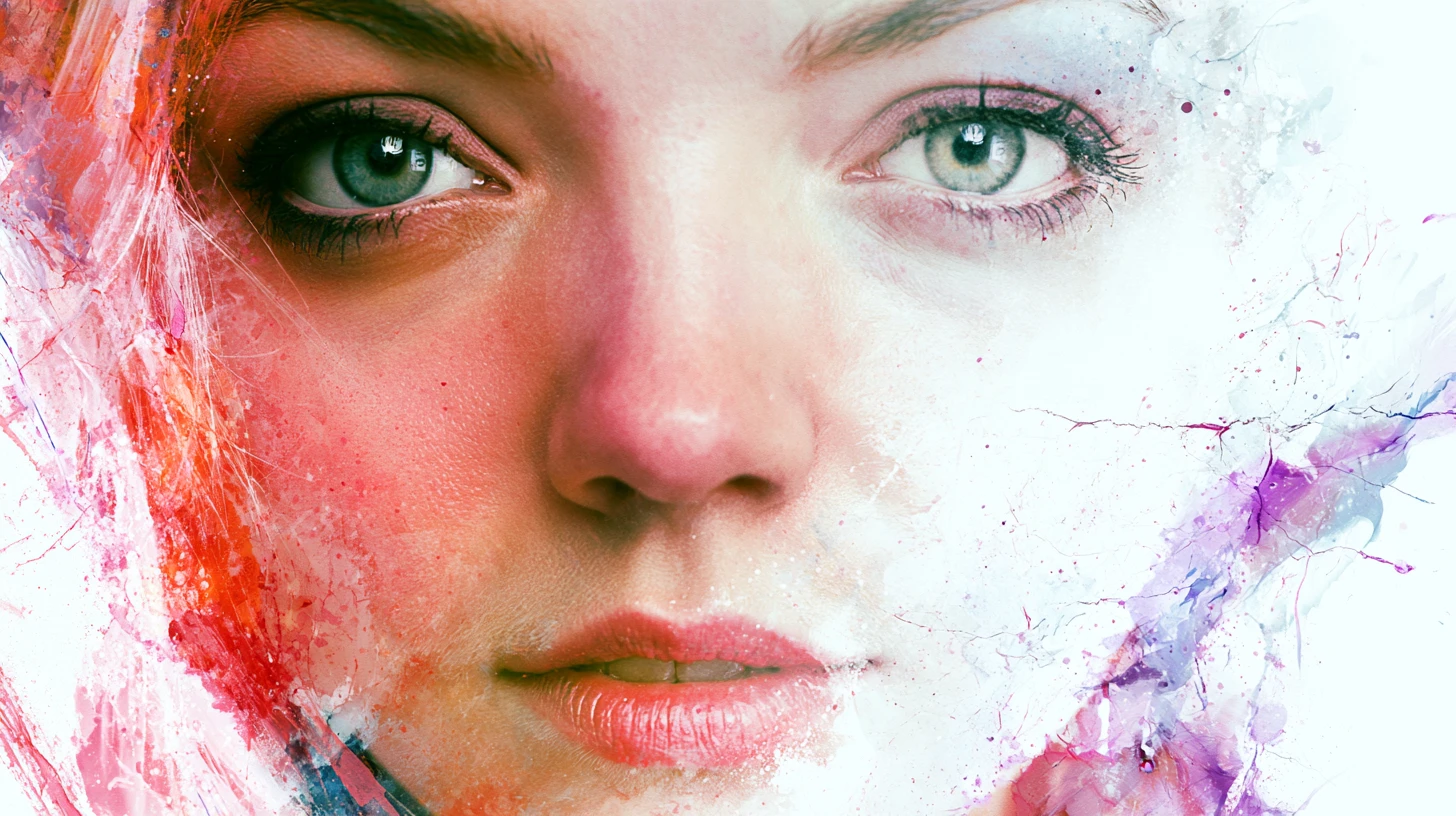 Retrato etéreo de mulher com rosto dividido em vermelho e branco