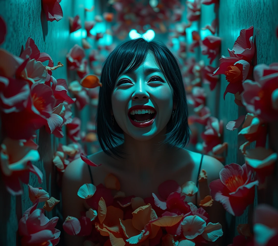 Femme surréaliste dans un couloir rempli de fleurs, coincée entre la peur et le rire