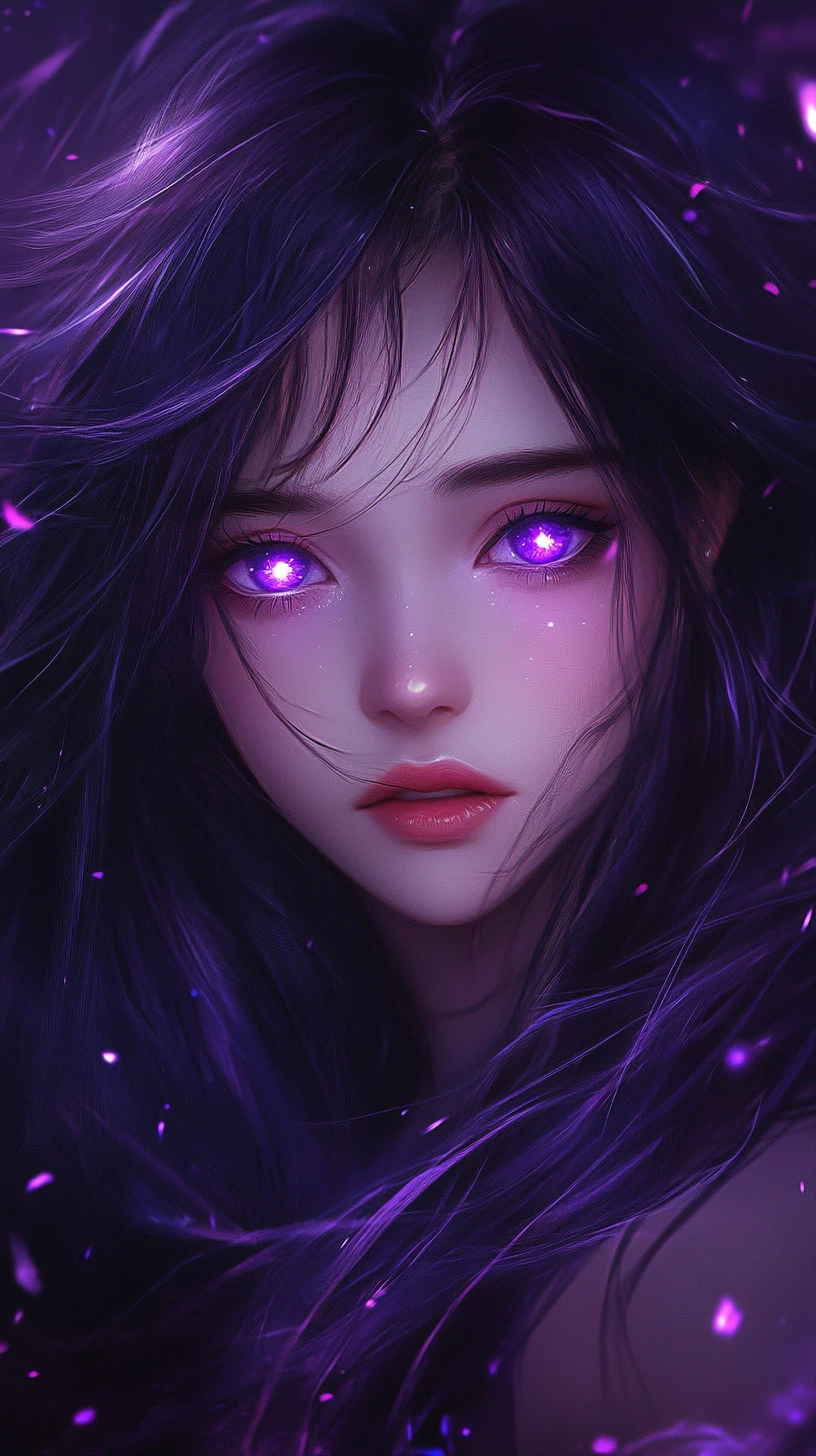 Garota de anime com olhos violeta brilhantes em um vazio escuro