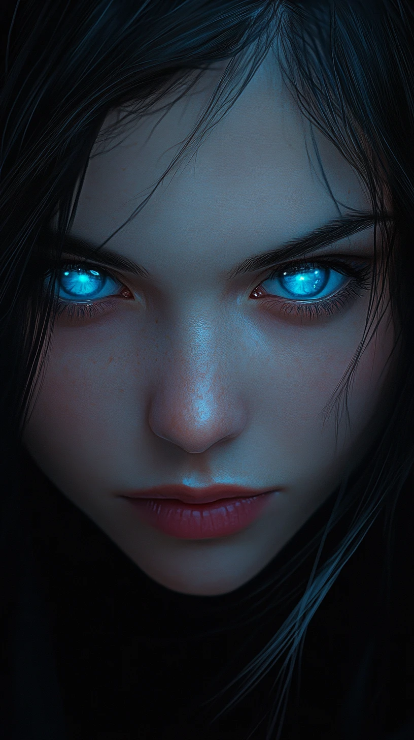 Fille d’anime aux yeux bleus intenses en portrait rapproché et sombre