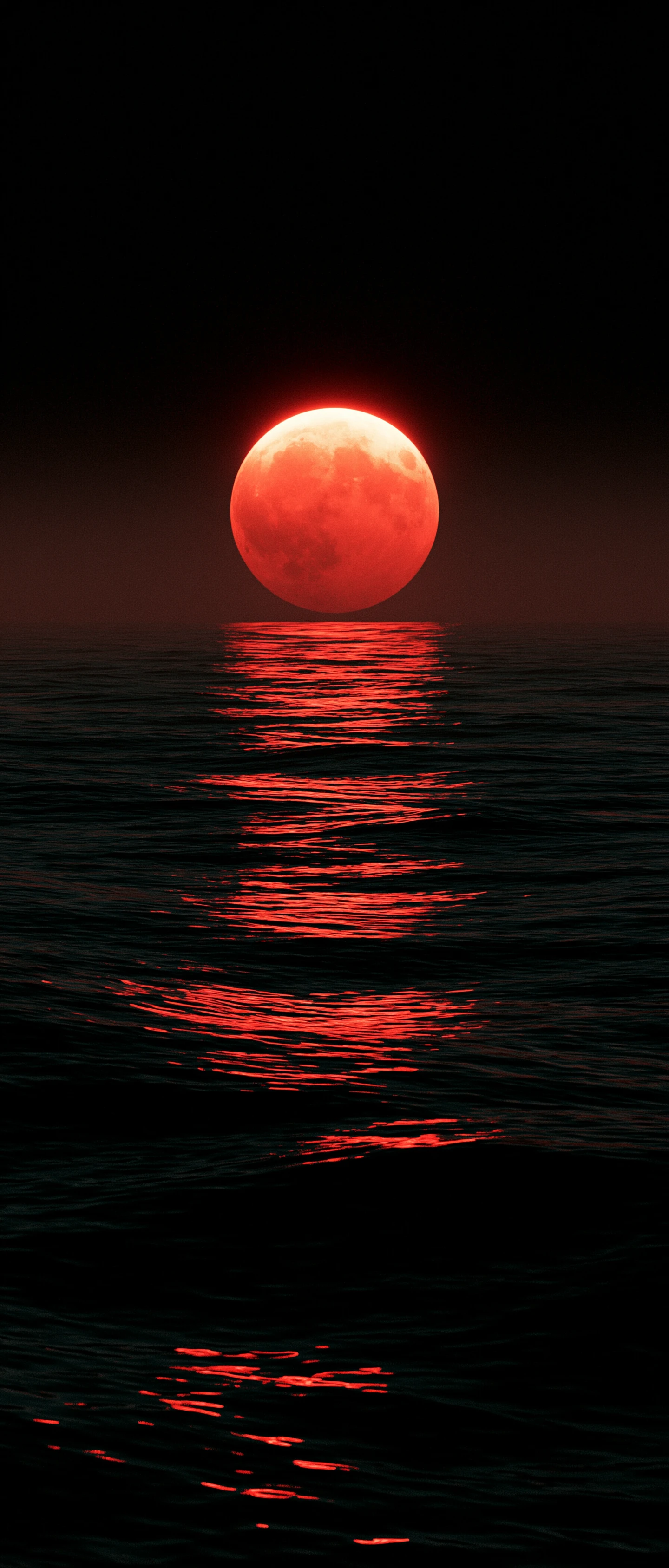 Eclipse lunar vermelho sobre um oceano escuro e reflexivo