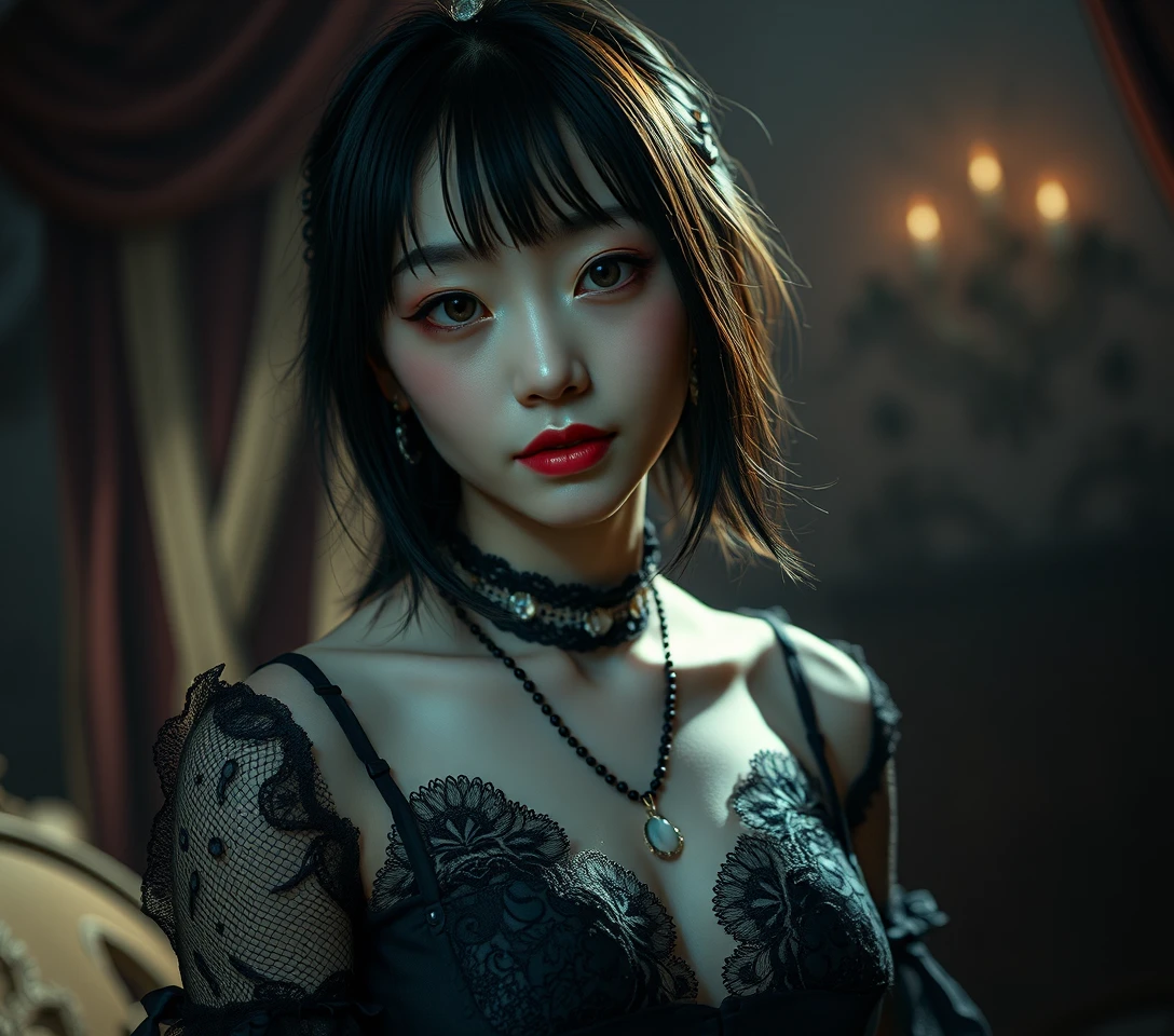레이스 부두아르 차림의 고딕 여성, 초현실적이고 어둑한 배경 속에 서 있다