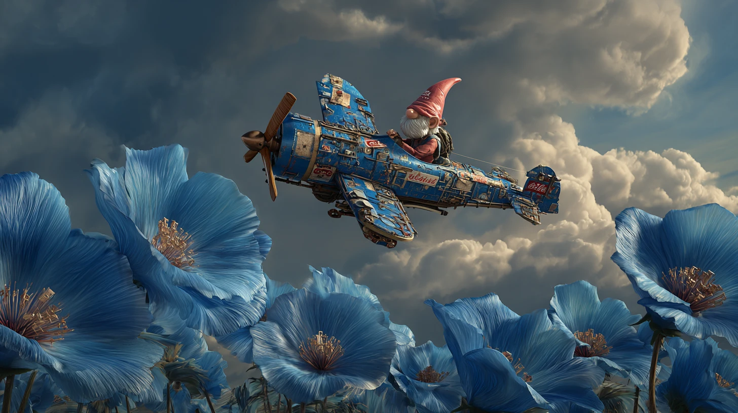 Gnome excentrique volant dans un avion de récup au-dessus de gigantesques fleurs bleues