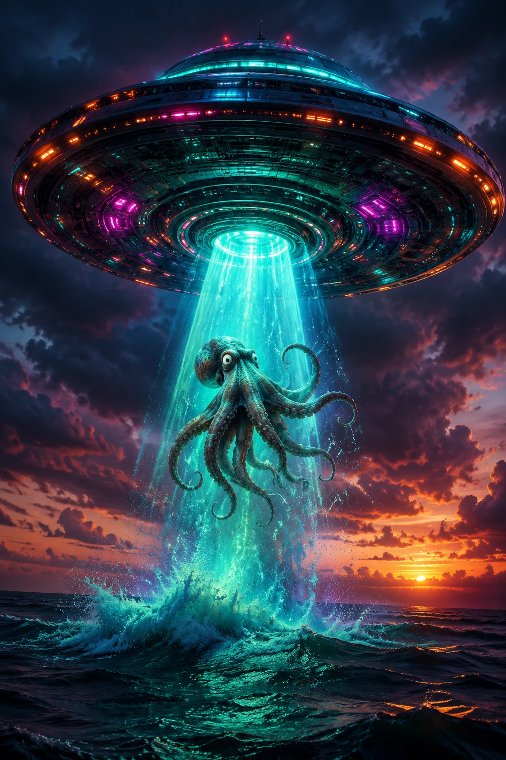 夕暮れの海で驚いたタコをビームで吸い上げる円盤型UFO